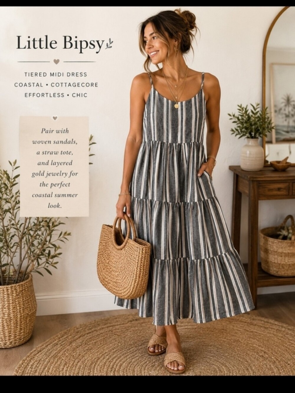 Little Bipsy Gray & White Tiered Midi Dress Coastal Boho Prarie Cottagecore